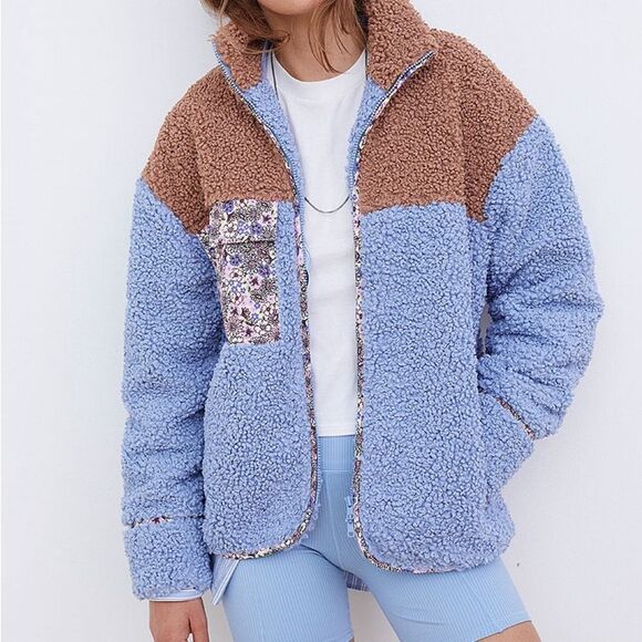 For Love And Lemons Color Block Sherpa Fleece Jacket Brown/Blue, Size XS NWOT - Picture 1 of 14